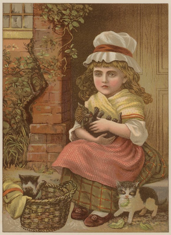 Flicka med kattungar (chromolitho) av Mary Ellen Edwards