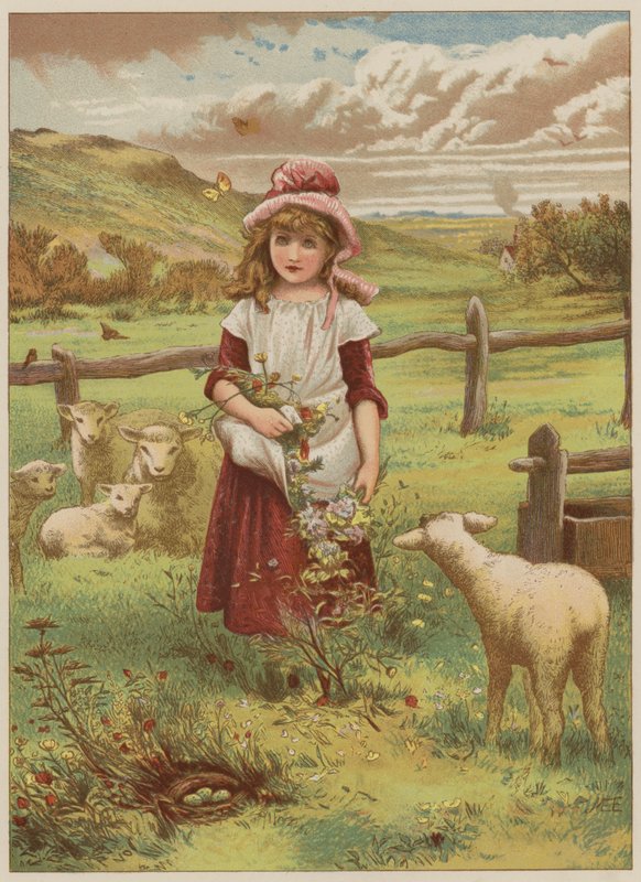Flicka med vårlamm (chromolitho) av Mary Ellen Edwards