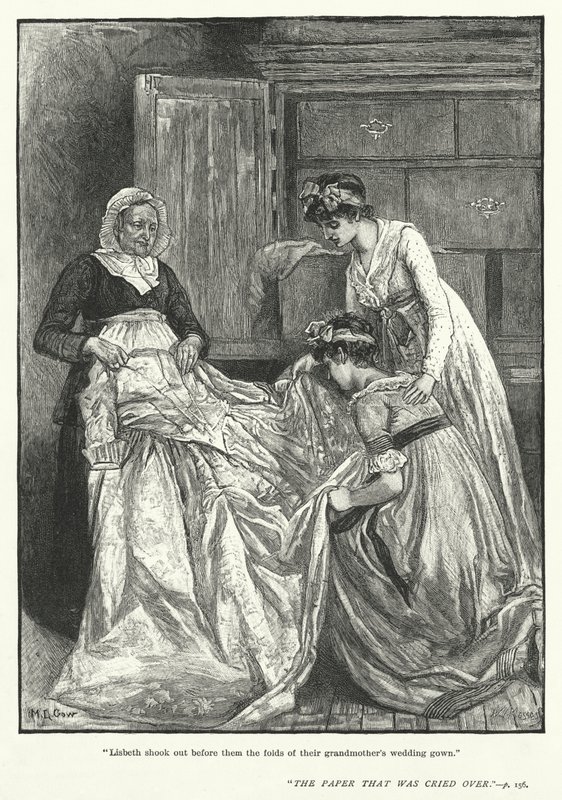 "Lisbeth skakade ut vecken av deras mormors brudklänning framför dem" (gravyr) av Mary L. Gow