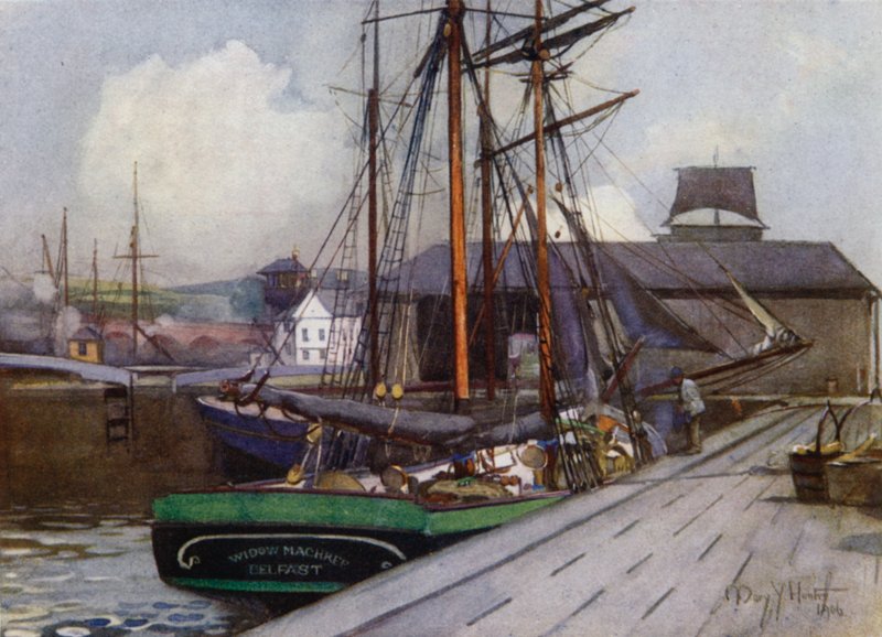 Ingång till Clyde and Forth Canal, Bowling (färg litho) av Mary Young Hunter
