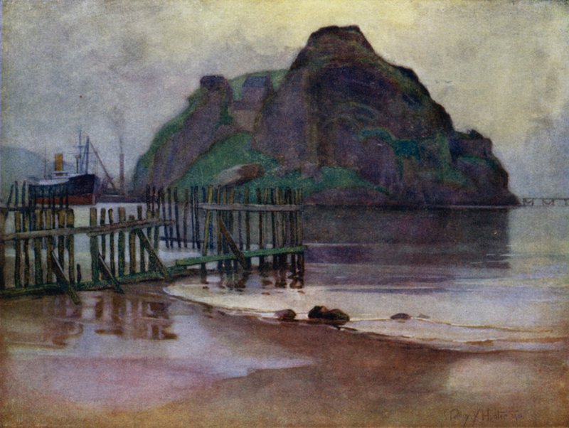 Lågvatten vid gryning, Dumbarton Rock (färg litho) av Mary Young Hunter