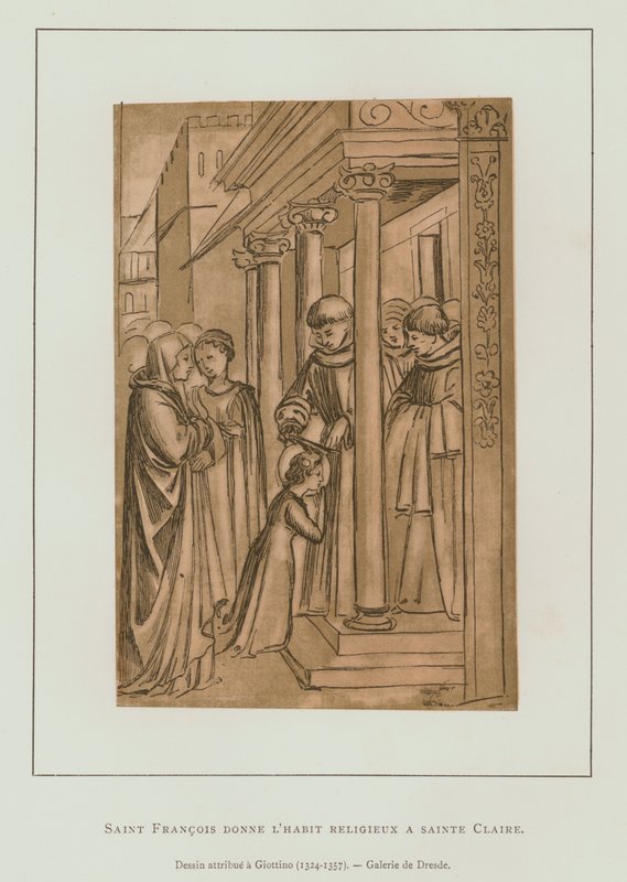 St Francis av Assisi klipper håret på St Claire (litho) av Maso di Banco Giottino