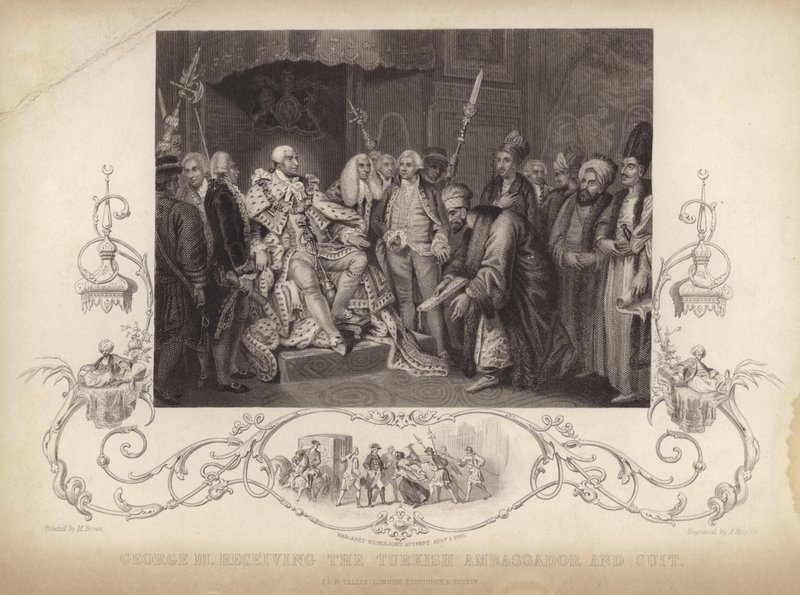 Kung George III tar emot den turkiska ambassadören och stämningen av Mather Brown