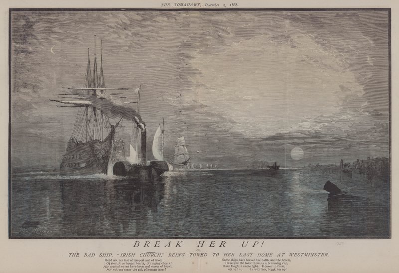 Bryt upp henne! eller, The Bad Ship Irish Church som bogseras till sitt sista hem i Westminster (färg litho) av Matthew
