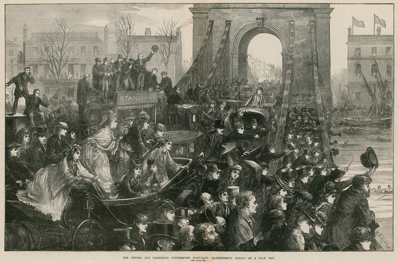 Oxford and Cambridge Boat Race: Hammersmith Bridge på tävlingsdagen (gravyr) av Matthew White Ridley