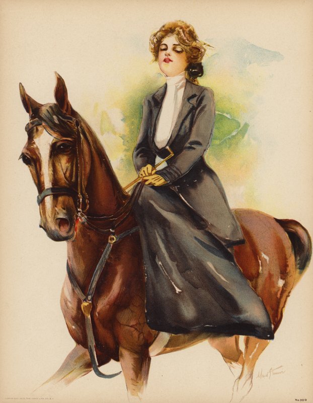 Porträtt av en kvinna som rider en häst (färg litho) av Maud Stumm