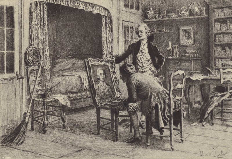Jean-Jacques Rousseau tittar på sitt porträtt av Maurice Leloir