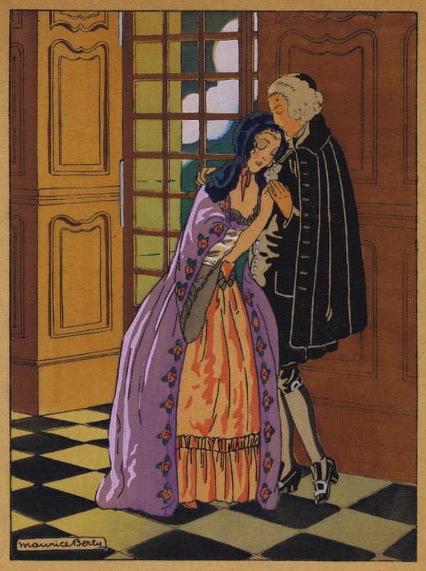Illustration för historia av Manon Lescaut (färg litho) av Maurice Berty