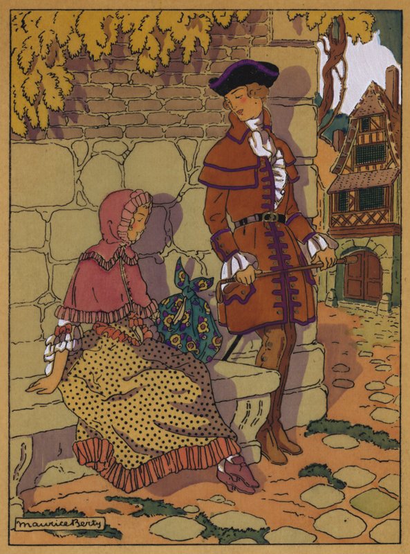 Illustration för historia av Manon Lescaut (färg litho) av Maurice Berty