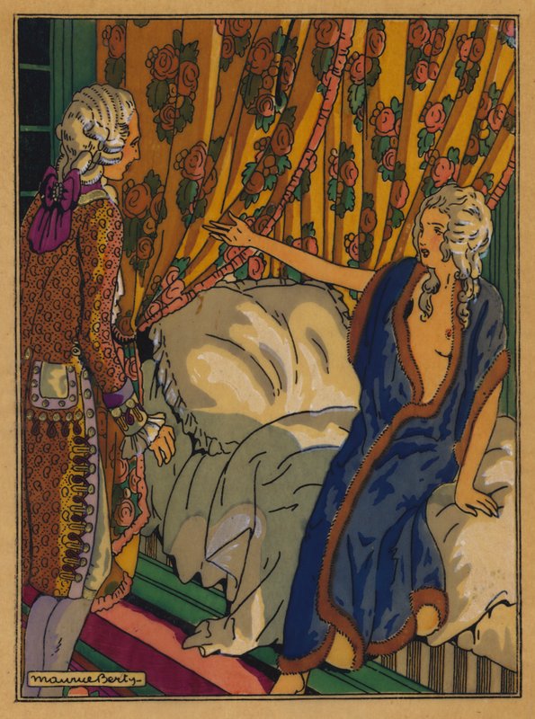Illustration för Les Liaisons Dangereuses av Choderlos De Laclos (färg litho) av Maurice Berty