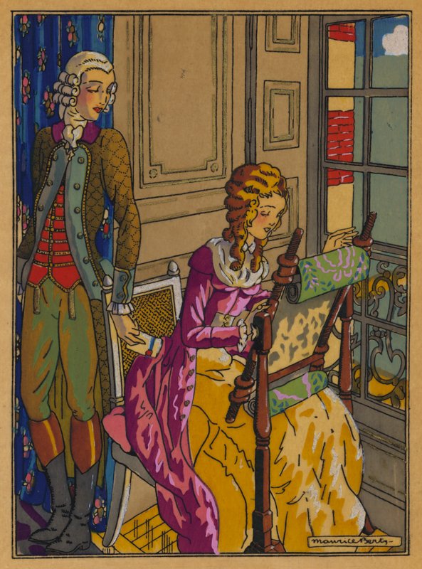 Illustration för Les Liaisons Dangereuses av Choderlos De Laclos (färg litho) av Maurice Berty
