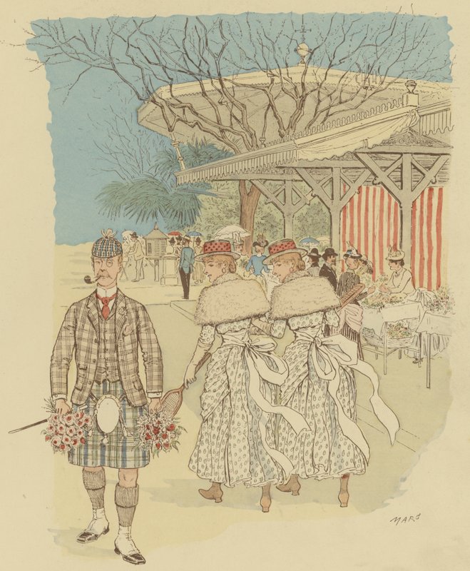 En skotsk man i traditionell Highland Dress bland folket i Cannes, Frankrike (färg litho) av Maurice Charles Mathieu Bonvoisin