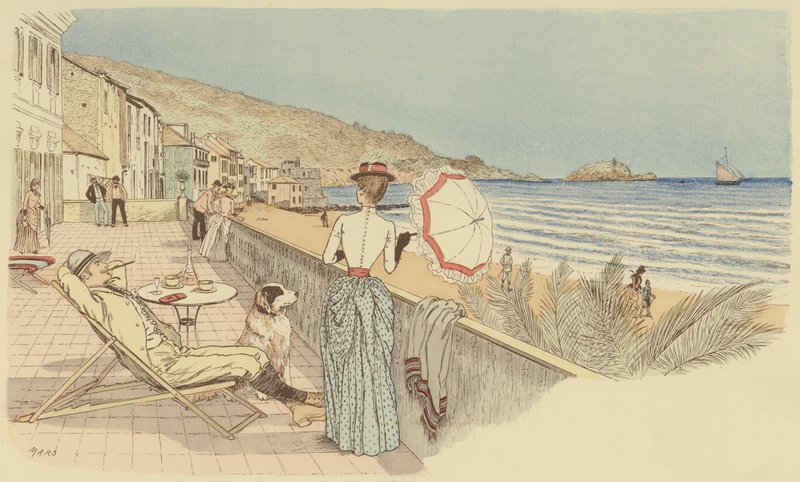Ett par på sin smekmånad kopplar av vid havet på ön Gallinara, Italien. (färg litho) av Maurice Charles Mathieu Bonvoisin