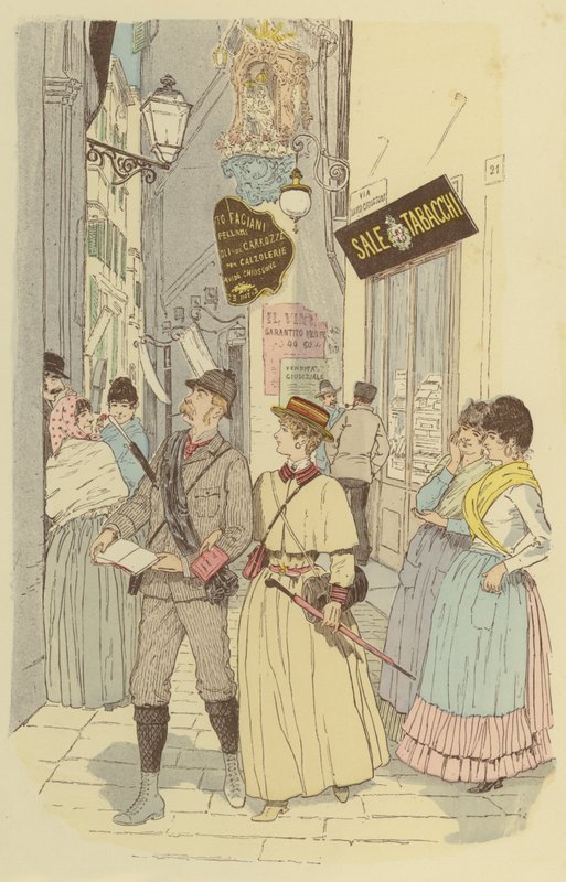 En man och hans fru går genom gränderna i Genuas gamla stad. (färg litho) av Maurice Charles Mathieu Bonvoisin