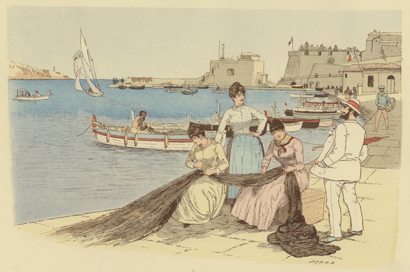 En man pratar med en grupp kvinnor som lagar fiskenät i staden Villefranche, Frankrike (färglitografi). av Maurice Charles Mathieu Bonvoisin