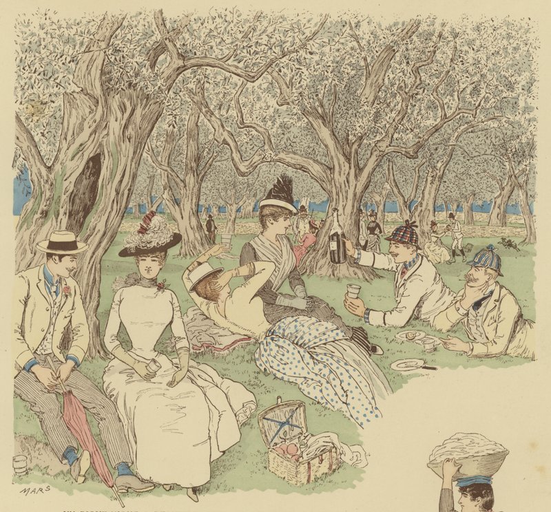 En picknick under olivträden i Beaulieu i södra Frankrike (färg litho) av Maurice Charles Mathieu Bonvoisin