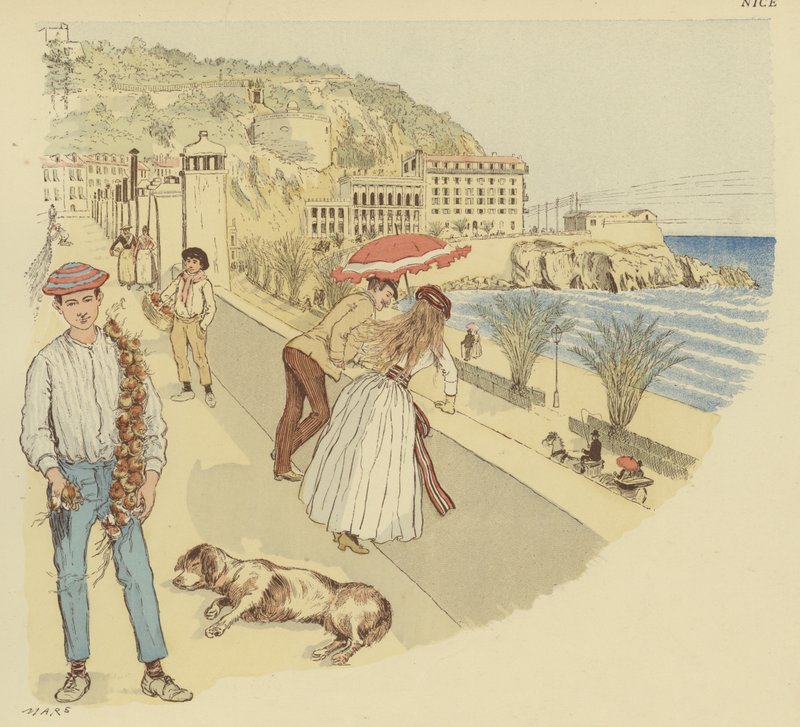 En lökförsäljare med sina varor och människor som njuter av terrassen som leder upp till berget Rauba-Capeu, Nice (färg litho) av Maurice Charles Mathieu Bonvoisin