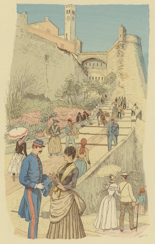 Människor som går på den stora trappan på det kungliga palatset, Monaco. (färg litho) av Maurice Charles Mathieu Bonvoisin