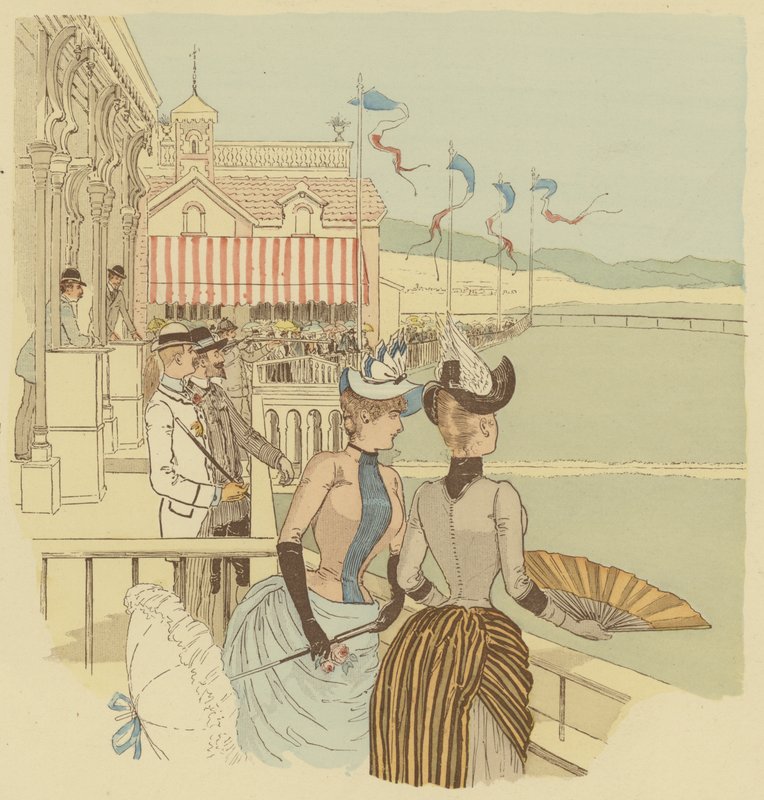 Folkmassan som tittar på duvan skjuta mot på La Condamine i Monte Carlo, Monaco. (färg litho) av Maurice Charles Mathieu Bonvoisin