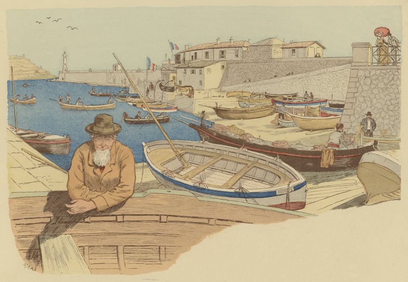 Typisk båtsman i hamnen i Nice, Frankrike (färg litho) av Maurice Charles Mathieu Bonvoisin