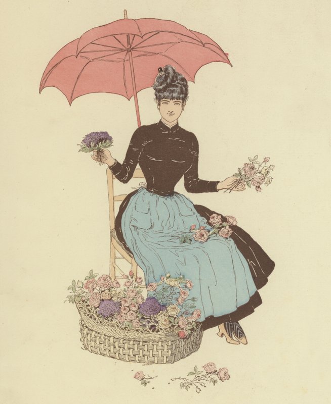 Kvinna som sitter under ett paraply och säljer blommor (färg litho) av Maurice Charles Mathieu Bonvoisin