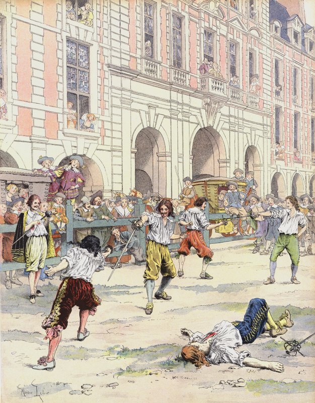Boutteville och Beuvron utkämpar en duell på Place Royale av Maurice Leloir