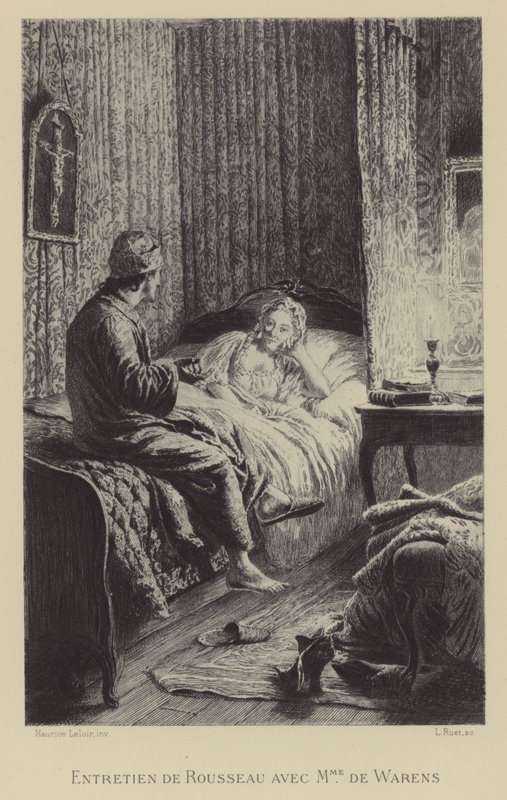 Samtal mellan Rousseau och Madame de Warens (gravyr) av Maurice Leloir