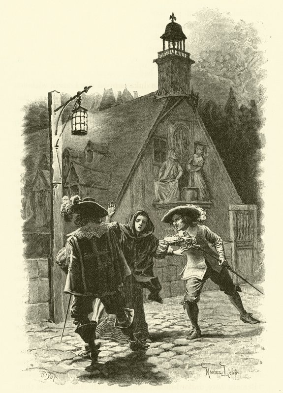 Illustration för De tre musketörerna (gravyr) av Maurice Leloir