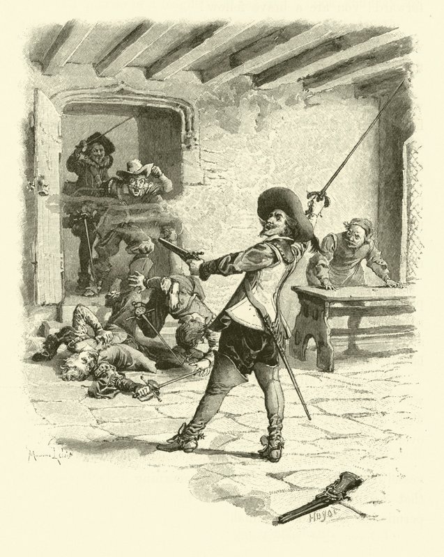 Illustration för De tre musketörerna (gravyr) av Maurice Leloir