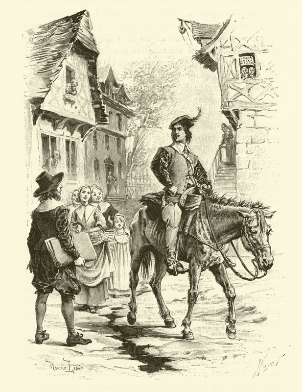 Illustration för De tre musketörerna (gravyr) av Maurice Leloir