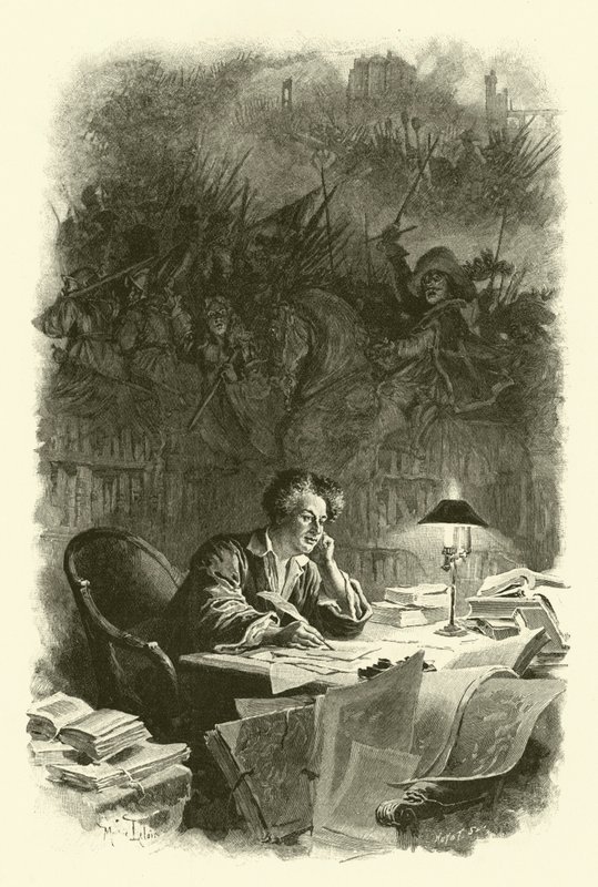 Illustration för De tre musketörerna (gravyr) av Maurice Leloir