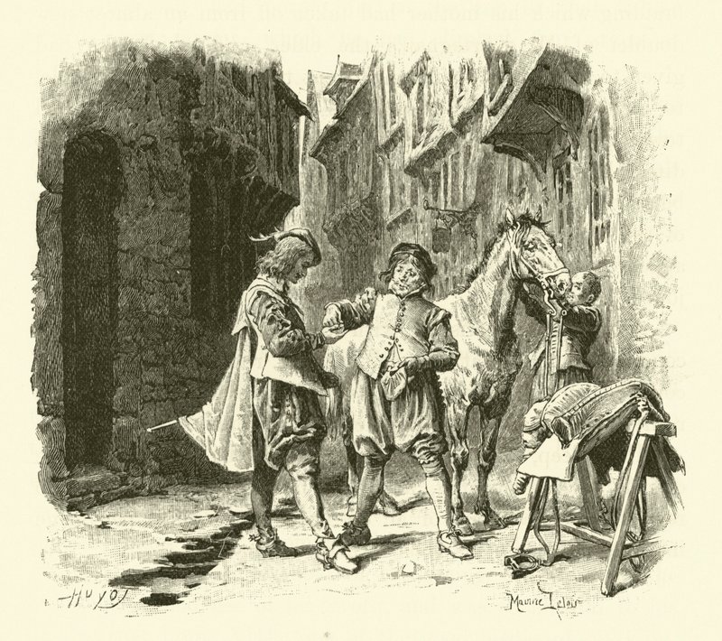 Illustration för De tre musketörerna (gravyr) av Maurice Leloir