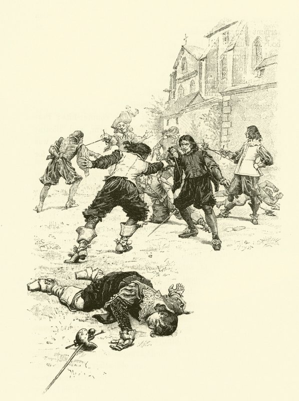 Illustration för De tre musketörerna (gravyr) av Maurice Leloir