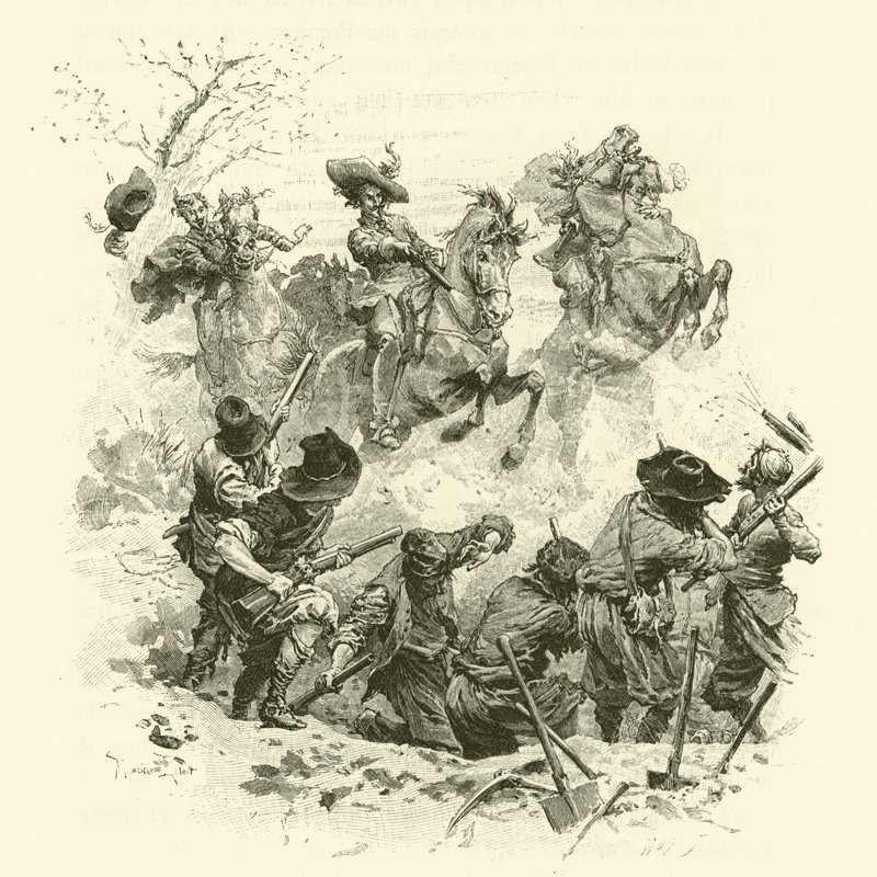 Illustration för De tre musketörerna (gravyr) av Maurice Leloir