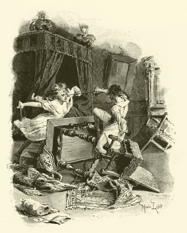 Illustration för De tre musketörerna (gravyr) av Maurice Leloir