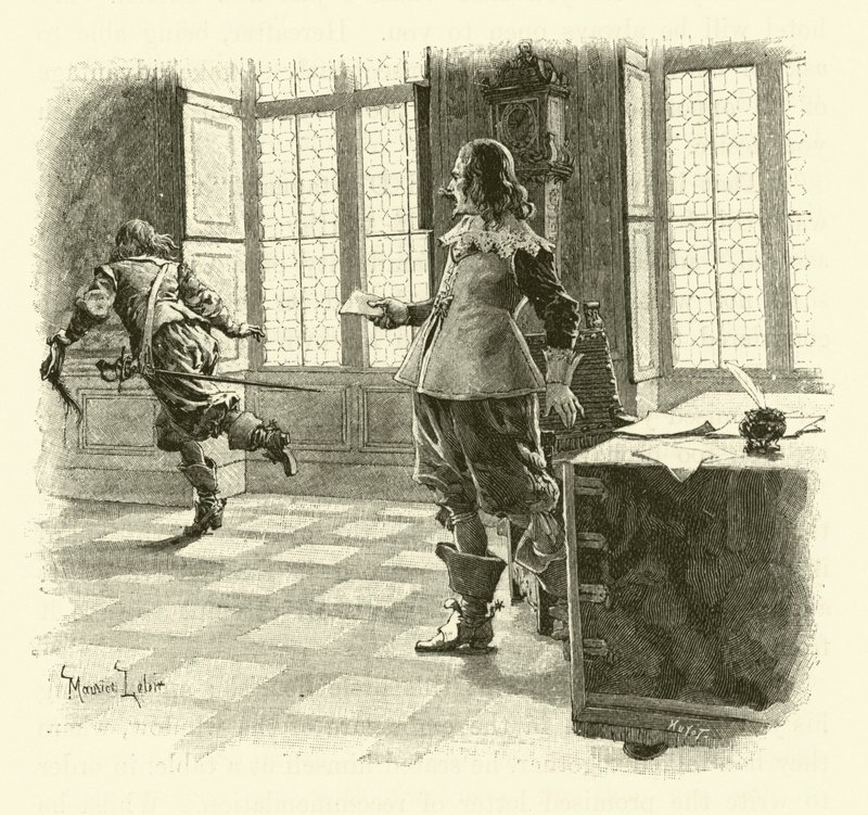 Illustration för De tre musketörerna (gravyr) av Maurice Leloir