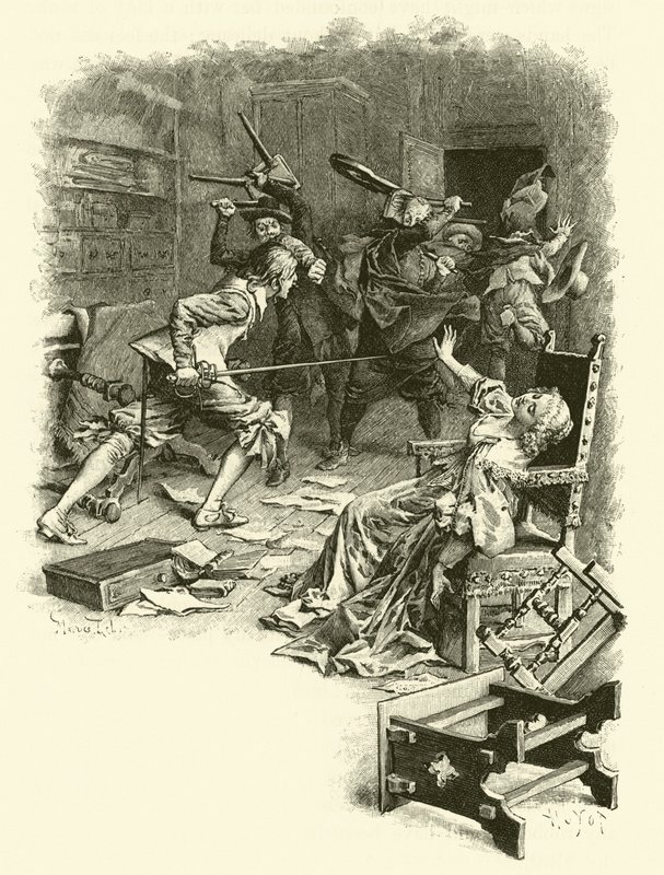 Illustration för De tre musketörerna (gravyr) av Maurice Leloir