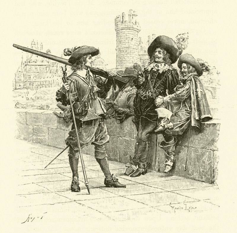Illustration för De tre musketörerna (gravyr) av Maurice Leloir