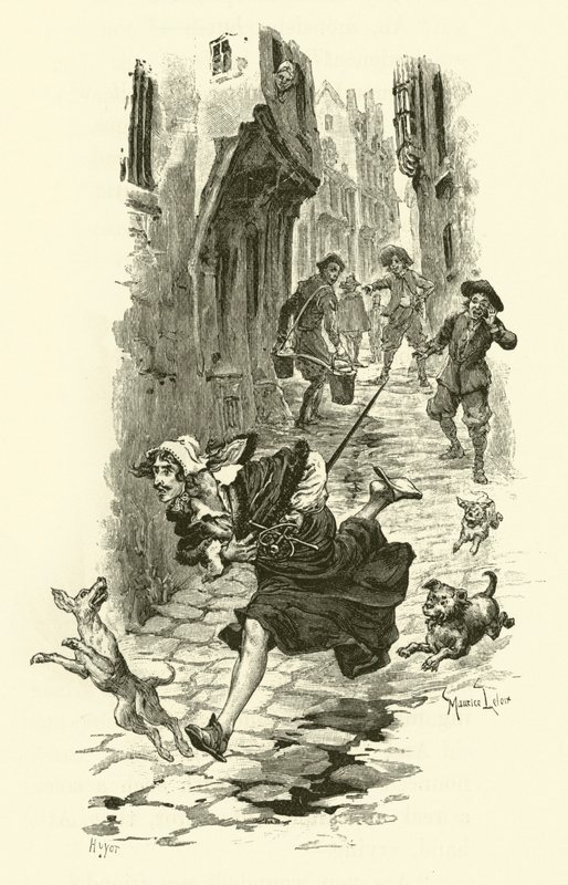 Illustration för De tre musketörerna (gravyr) av Maurice Leloir