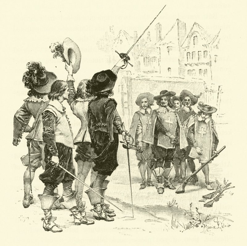 Illustration för De tre musketörerna (gravyr) av Maurice Leloir