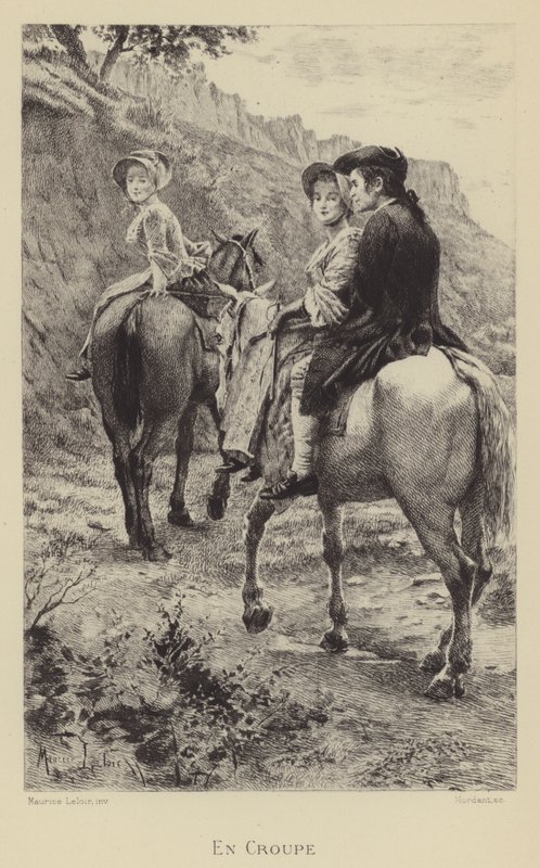 Jean-Jacques Rousseau och två unga kvinnor gör en resa till häst (gravyr) av Maurice Leloir