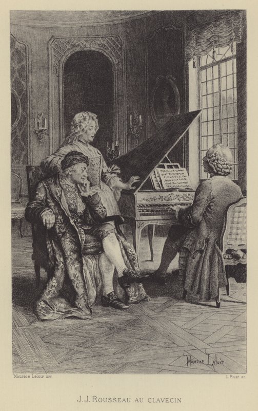 Jean-Jacques Rousseau vid cembalo (gravyr) av Maurice Leloir