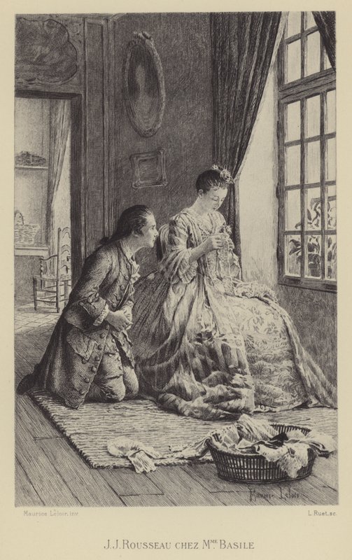 Jean-Jacques Rousseau i Madame Basiles hus (gravyr) av Maurice Leloir