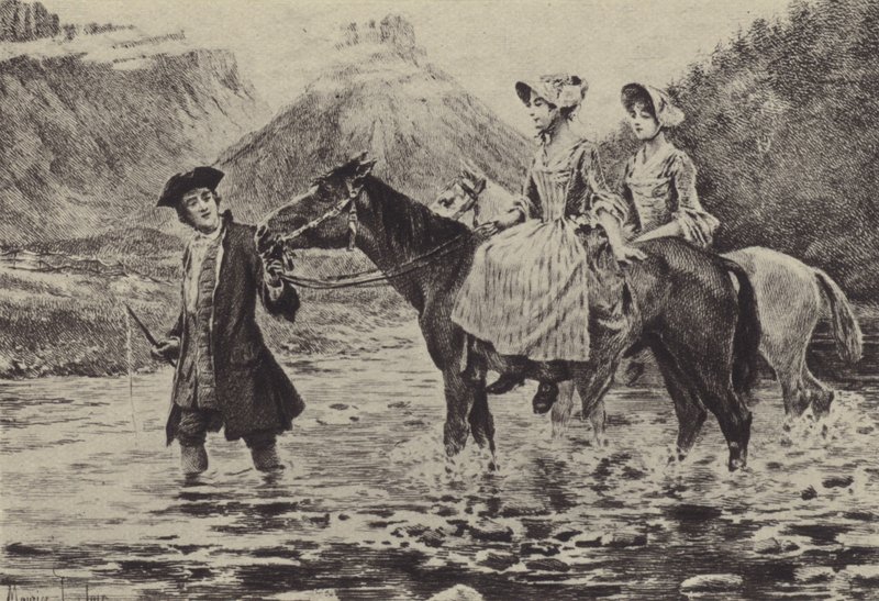 Jean-Jacques Rousseau hjälper två unga kvinnor att korsa en bäck (gravyr) av Maurice Leloir