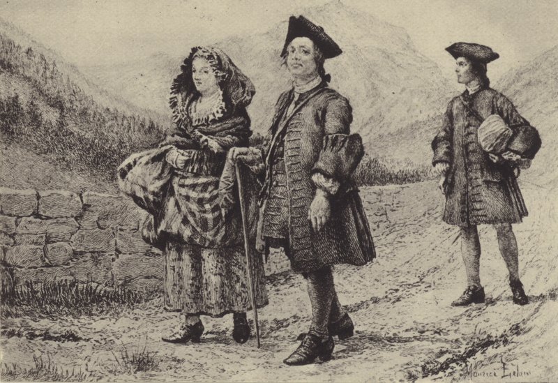 Jean-Jacques Rousseau på vägen med två följeslagare (gravyr) av Maurice Leloir