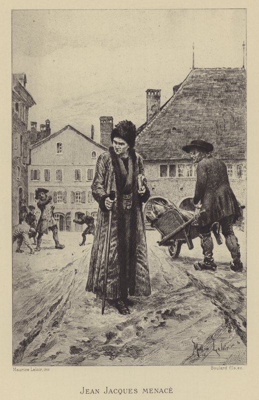 Jean-Jacques Rousseau hotad på gatan (gravyr) av Maurice Leloir