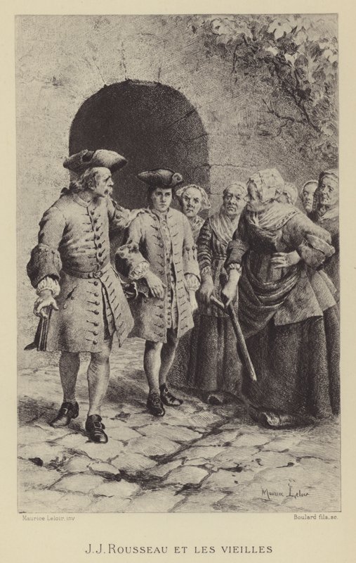 Jean-Jacques Rousseau med de gamla kvinnorna (gravyr) av Maurice Leloir