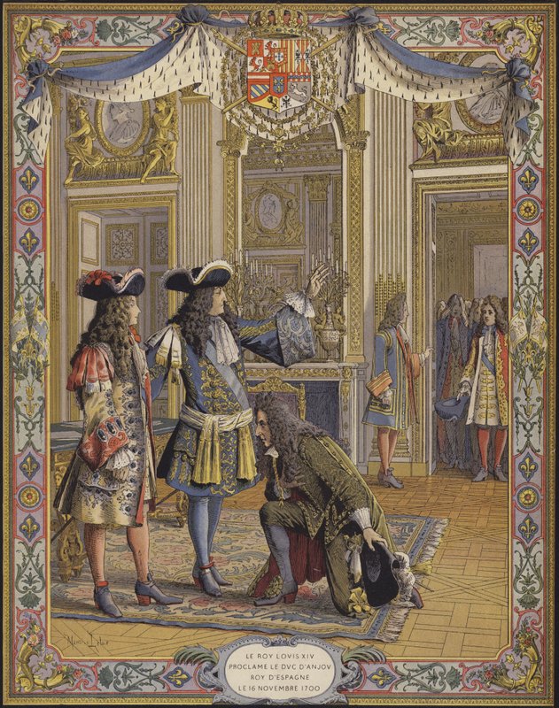 Kung Ludvig XIV, Duc dAnjou, utropade till kung av Spanien och tog emot hyllningen av sin ambassadör av Maurice Leloir