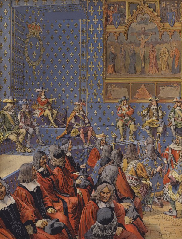 Kung Ludvig XIV sitter i stövlar vid parlamentet av Maurice Leloir