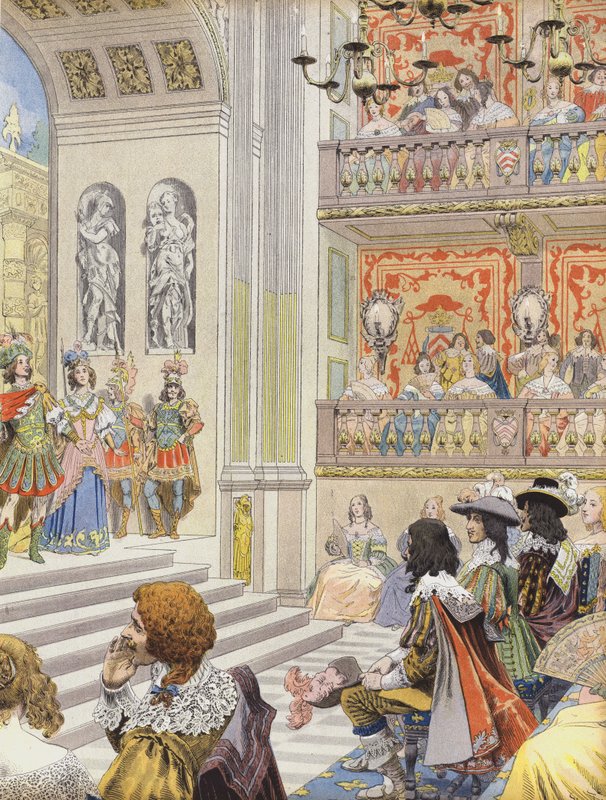 Föreställning i teatern Palais Cardinal of Mirame, pjäsen skriven av Richelieu och Desmarets av Maurice Leloir